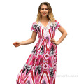 Robe de plage maxi imprimée de fleur en V sexy